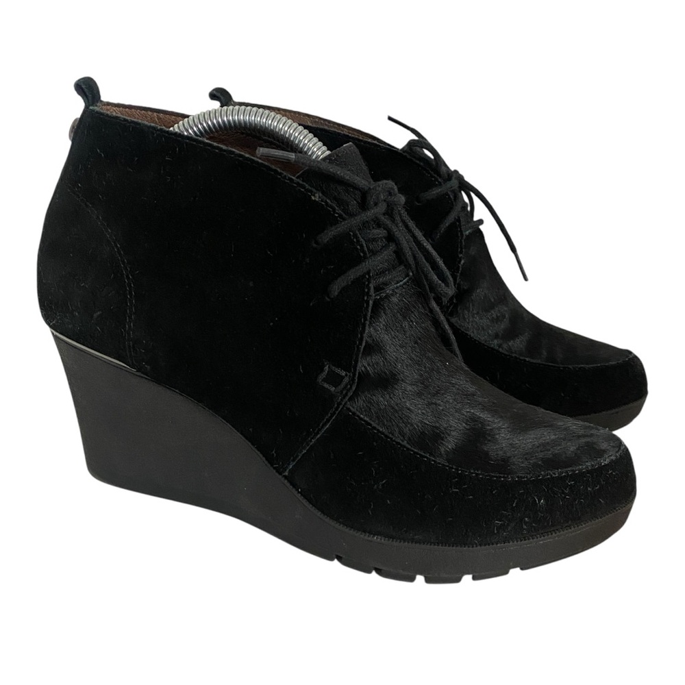 Donald J Pliner Women Sz 8 M Black Suede Nilos Ankle Wedge Booties Boots Lace Up